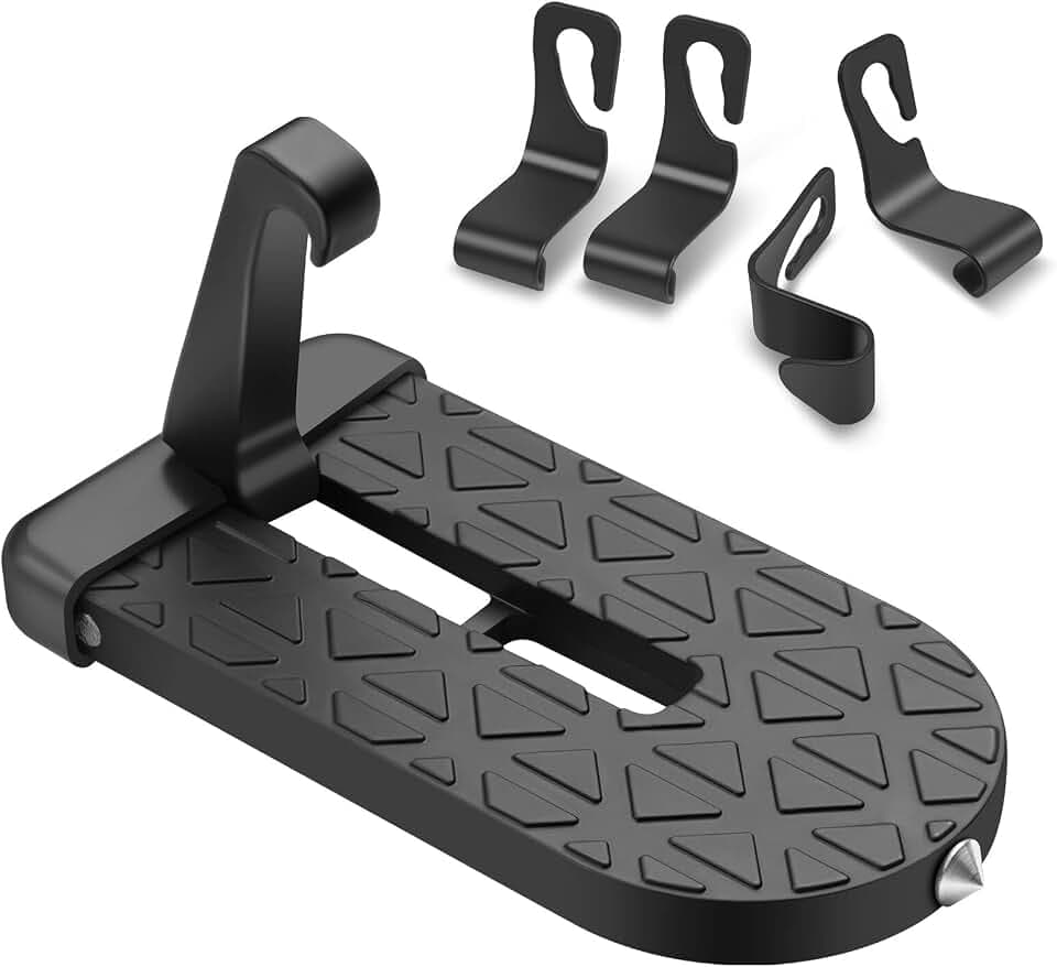 URAQT Klappbarer Auto Türpedal, Türstufe Trittbretter mit U Haken Verriegelung, Fußrasten Fahrzeug mit Sicherheitshammer und 4 Kunststoff Haken, Autotürstufe zum Autodach für SUV/RV, Schwarz
