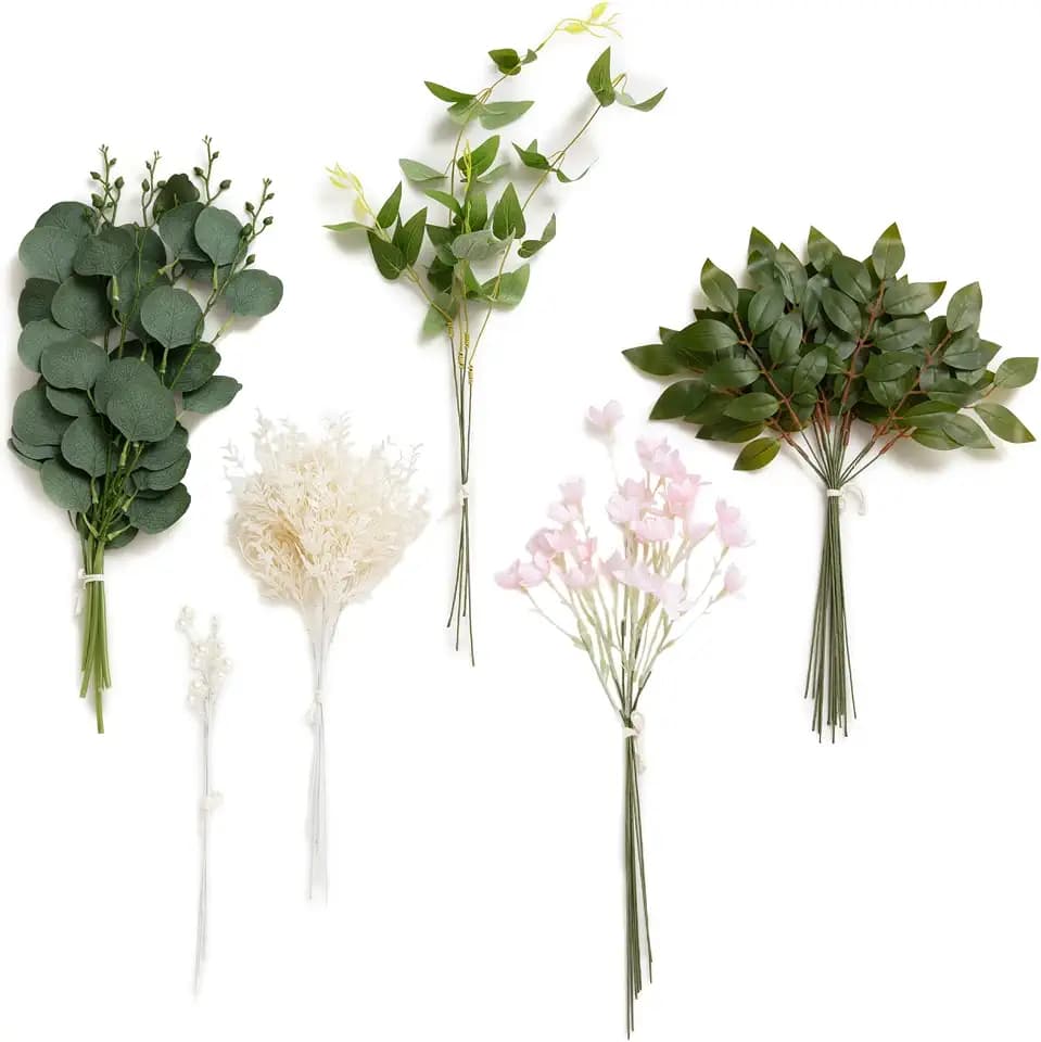 Ling's moment Künstliches Grün Stiele Box Set, 42 Stück mit 6 Arten von Faux Greenery Picks für DIY Brautsträuße Hochzeit Blumenarrangement Tisch Mittelstücke, Grün & Rosa