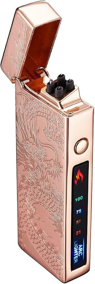 Elektrisches Feuerzeug, Batterieanzeige, USB, Plasma, wiederaufladbar, winddicht & ohne Flamme, Doppelbogen mit Batterieanzeige für Kerzen/Grill (goldfarbener Drache)