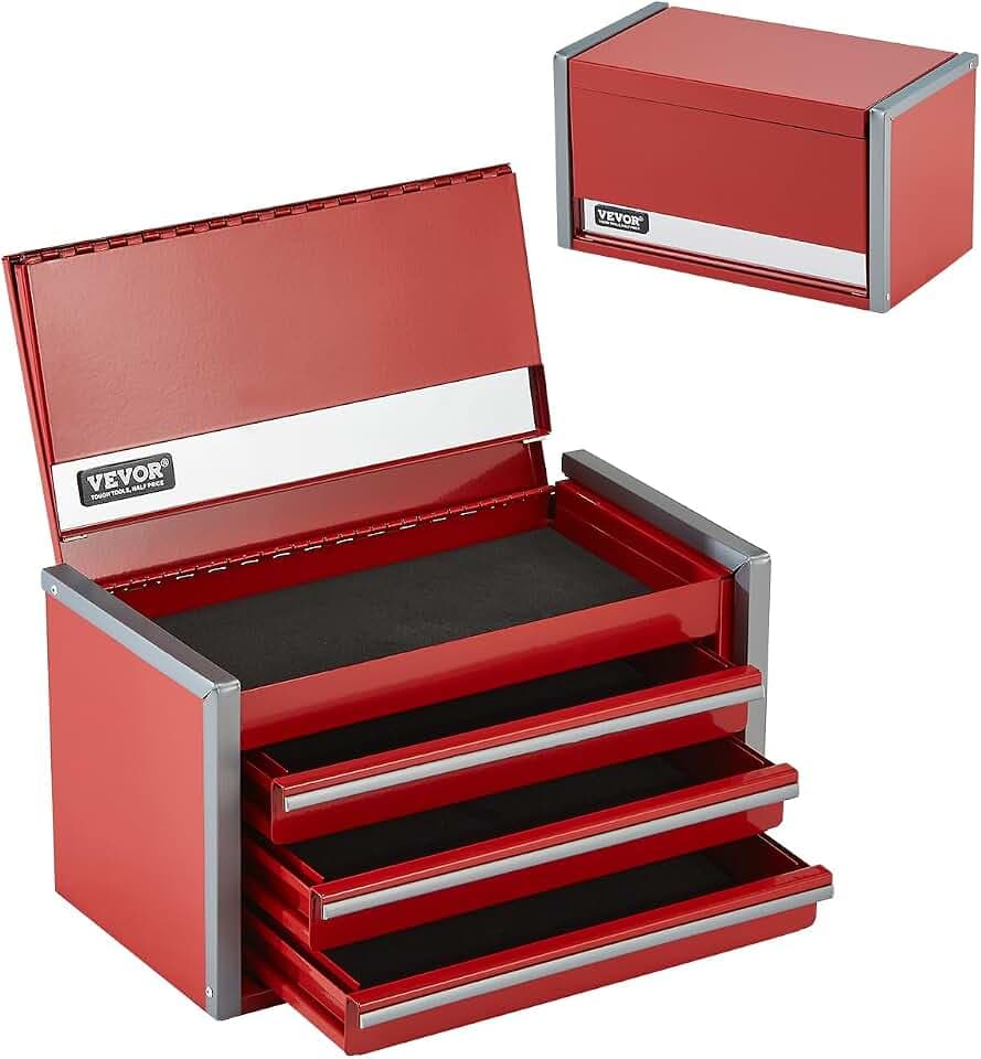 VEVOR Werkzeugkasten 218,4 x 118 x 120 mm, Werkzeugkiste mit 3 Schubladen, Werkzeugkoffer mit EVA-Einlagen und PP-Fußpolstern, robuster Stahl mit Kugellageröffnung und Pulverbeschichtung, rot