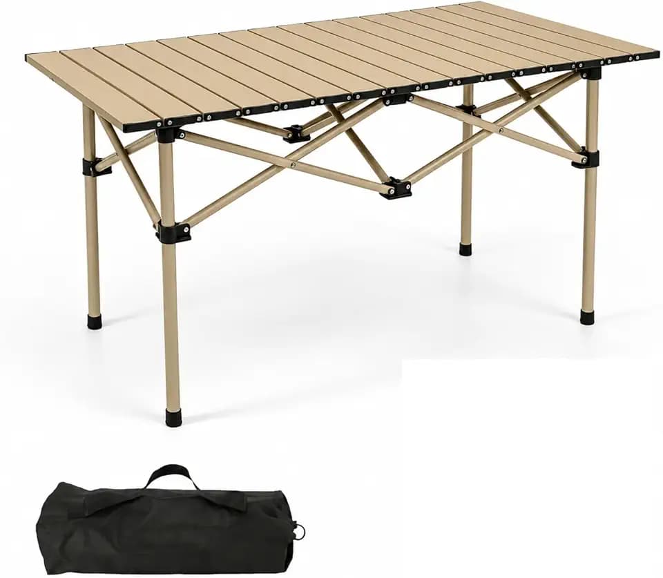 Campingtisch Klappbar, Campingtisch Faltbar, Rolltop-Campingtischs, Campingtischs Grilltisch 95 x 56 x 50 cm, Gartentisch Balkontisch Reisetisch, für Garten Strand Picknick, Höhenverstellbar (Beige)