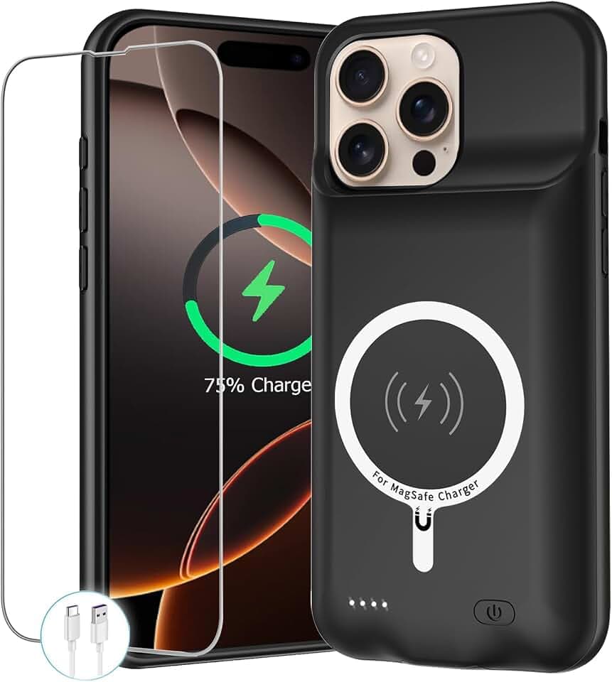 Battery Case for iPhone 16 Pro Max, 12000mAh Protective Charging Case with Wireless Charging Compatible with iPhone 16 Pro Max (6.9 inch) Rechargeable Battery Pack Charger Cover with Carplay (Black)