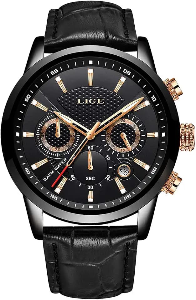 LIGE Herren-Armbanduhr, modisch, Chronograph wasserdicht, analog, Quarz, Edelstahl, lässig, Lederarmbanduhr
