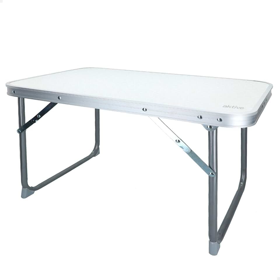 AKTIVE Klappbarer Strandtisch, Niedriger Strandtisch, 60x40x40cm, weiß, Metallgestell, Holzplatte, kleiner klappbarer Campingtisch, Anti-Kipp-Pads