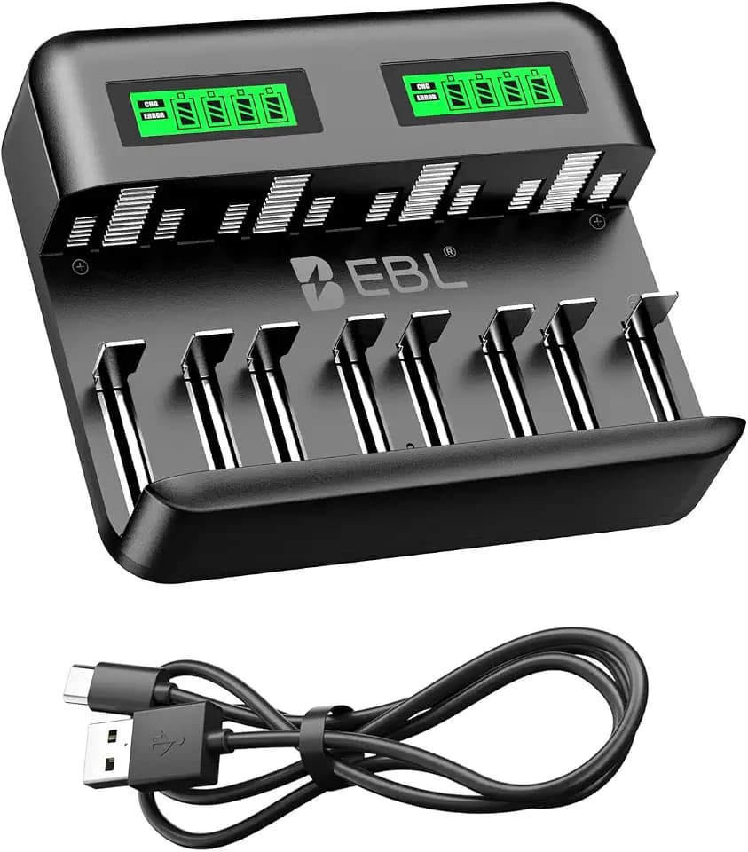 EBL LCD 8 Bay Battery Charger, AA AAA C D Rechargeable Battery Charger for Rechargeable Batteries Ni-MH AA AAA C D Batteries with Type C Input