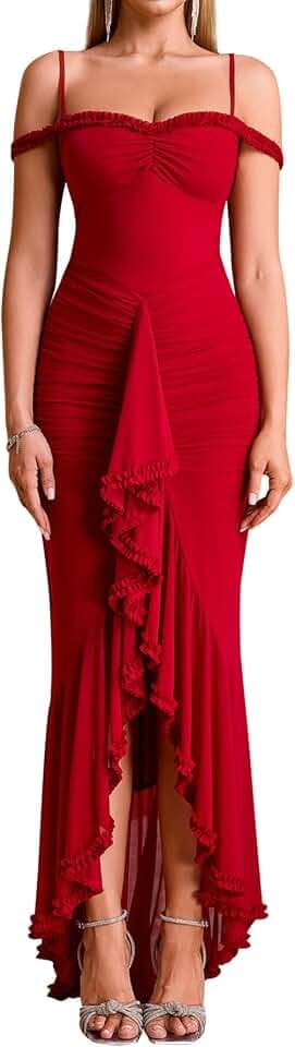 KUTUMAI Women Ruffle Bodycon Maxi Long Formal Cocktail Wedding Guest Dress