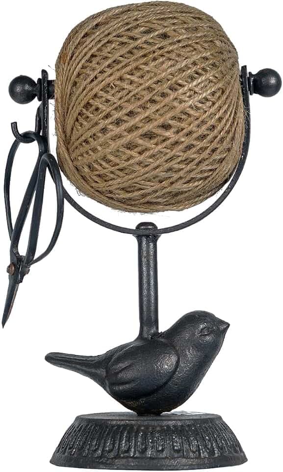SOFFEE DESIGN Cast Iron Jute Twine Spool with Scissors Holder Set Vintage Style for Garden Farmhouse Kitchen, Natural Jute Twine String & Rope Rack & Scissors, Bird Decorative