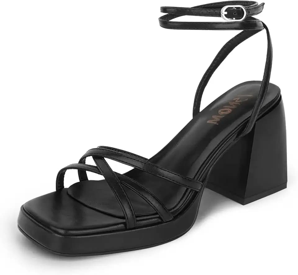 ISNOM Platform Block Heels Women Comfortable Strappy Heels Short Block Chunky Sandals Ankle Strap Simple Summer Heeled Sandals Square Toe