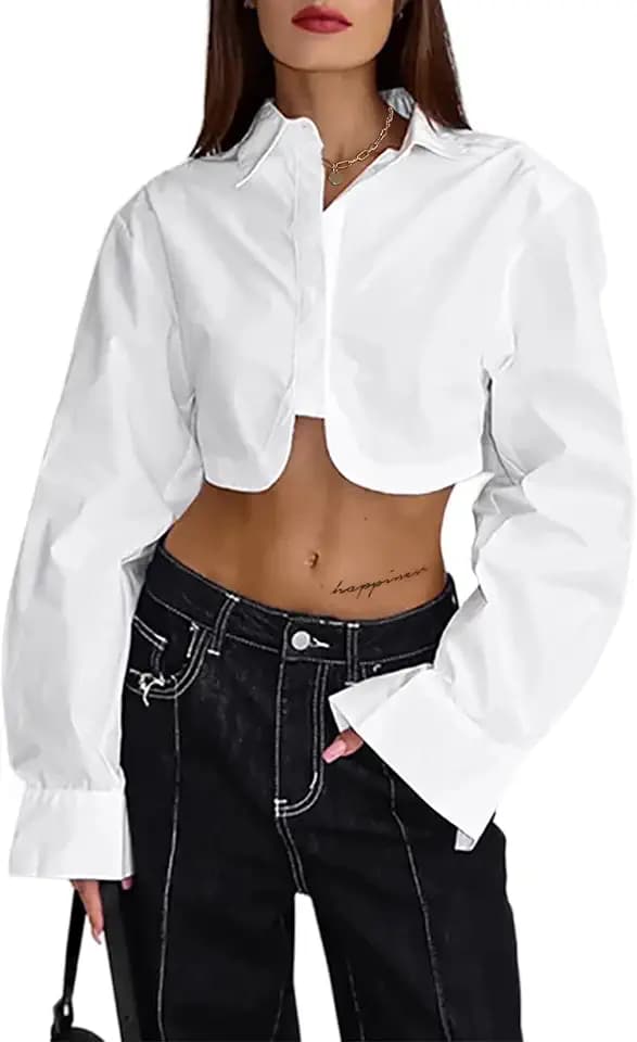 Remidoo Women's Cropped Button Down Shirt Asymmetrical Long Sleeve Top