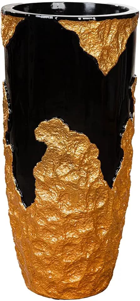 GILDE Famosa-Übertopf XXL - Fiberglas-Poly - rund - Motiv-Muster - goldfarben schwarz - Höhe 70cm x Ø 33cm