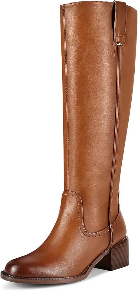 Womens Boots Knee High Fashion Faux Leather Comfortable Chunky Block Heel Round Toe with Side Zip Brown Tall Riding Boots for women, Size 11.5, Brown