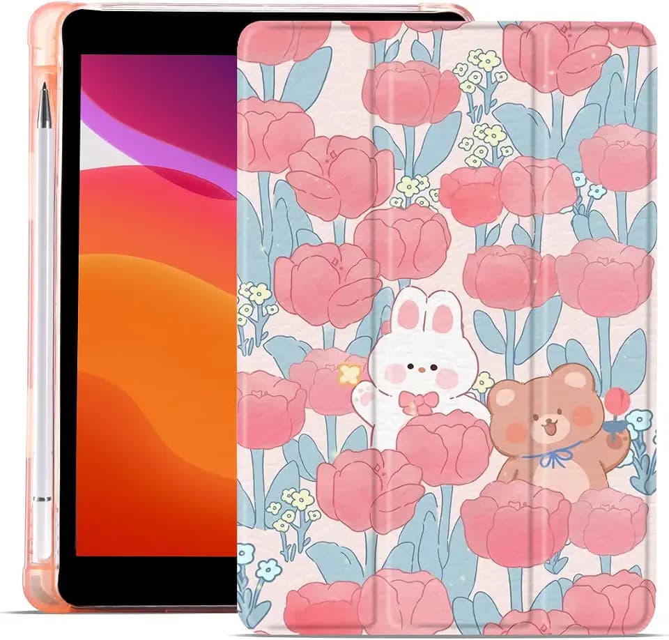 Rabbit Bear Flower Case for iPad Air5/Air4 with Pencil Holder, Cute for iPad 10.9 Inch 2022/2020 Protective Case with Soft TPU Back, Auto Sleep/Wake Cover Slim Shell