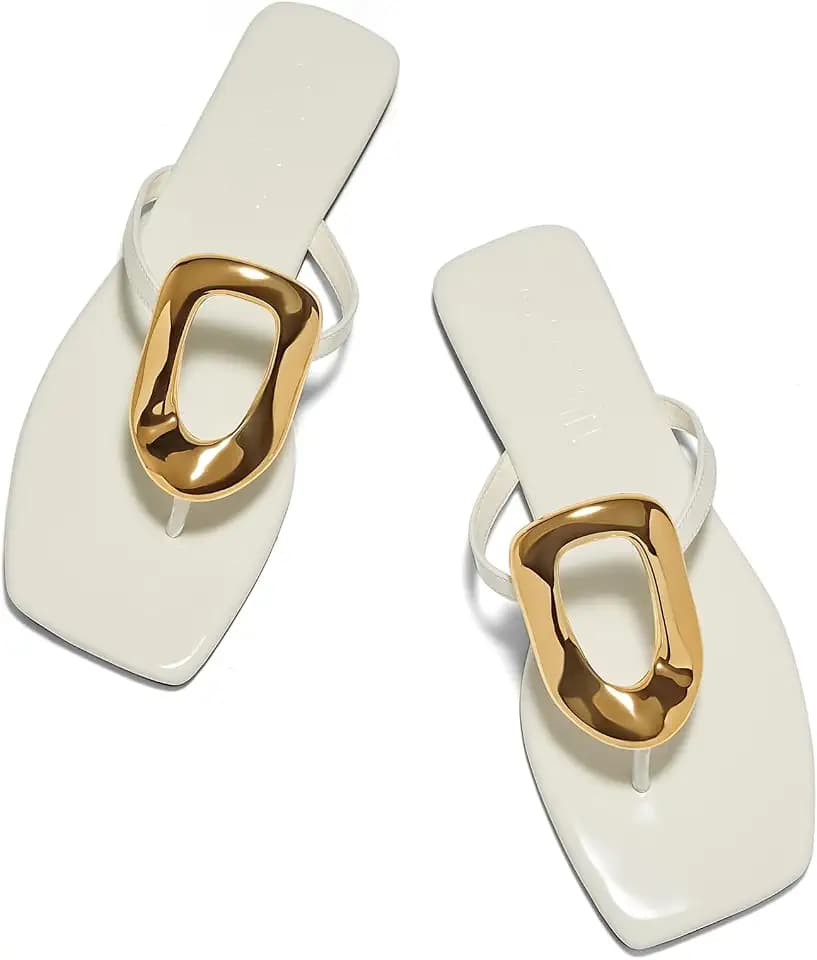 Women's Flat Sandals Square Toe Metal Decoration Flip Flops Shoes