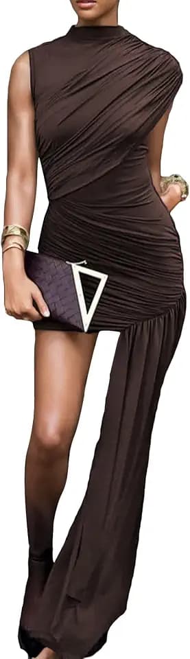 Kwunbwa Women's Sleeveless Ruched Maxi Dress Elegant Irregular Dresses