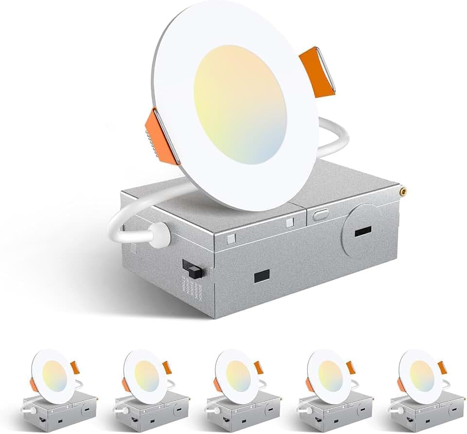Amico 6 Pack 3 Inch LED Recessed Light with Junction Box, 5CCT, 500LM, 7W