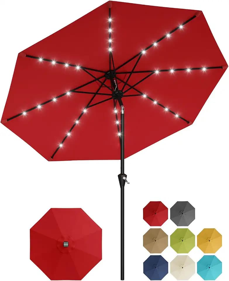 Garvee 10FT Solar Patio Umbrella with 32 LED Lights - Outdoor Table Umbrella with Crank Lift, Push Button Tilt and 8 Sturdy Ribs - Market Umbrella UV Protection for Pool, Deck, Yard, Garden -Red