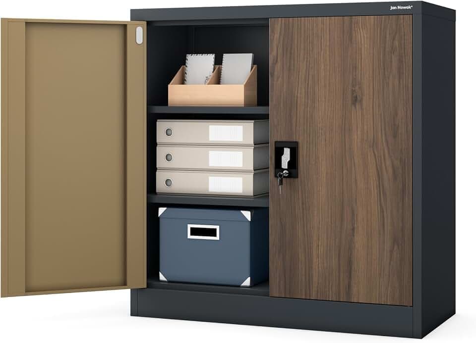 Jan Nowak Kleiner Aktenschrank C001B Büroschrank Metallschrank Aufbewahrungsschrank 2 Verstellbare Fachböden Pulverbeschichtet Abschließbar 92,5 cm x 90 cm x 40 cm (Anthrazit-Holzoptik)