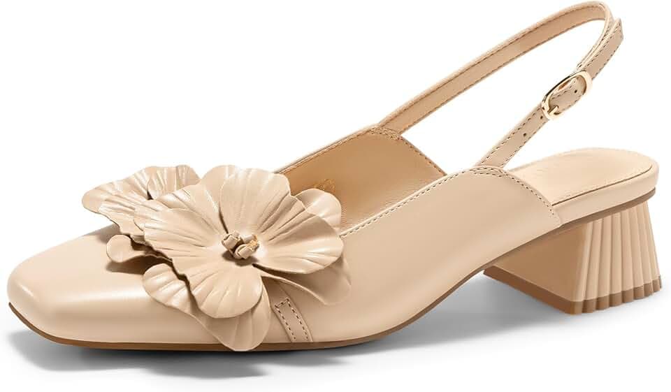 Coutgo Womens Slingback Chunky Heels Flower Closed Square Toe Pumps Work Dress Shoes（Choose a Size up）