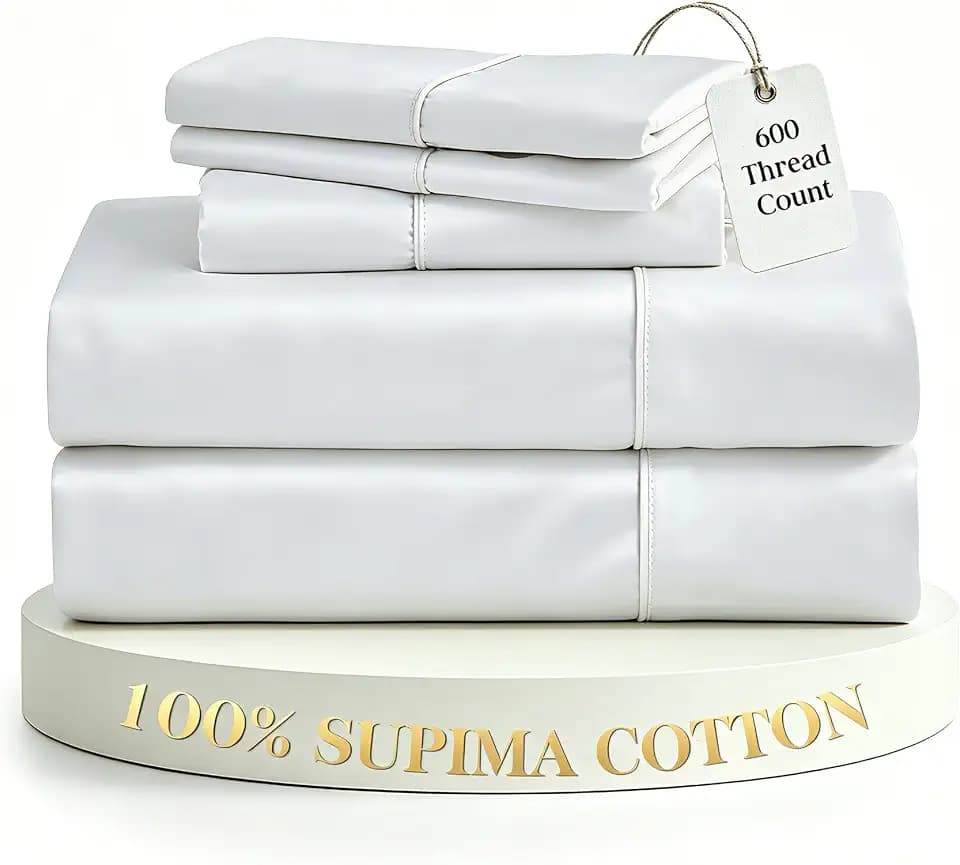 Simple&Opulence 100% Supima Cotton 600 Thread Count Twin XL Sheets -3 Pc Long Staple Pure Soft Sateen Weave Set-16” Deep Pocket Cooling Luxury Silky Bed Sheet with Trim Insert(White, Twin XL)