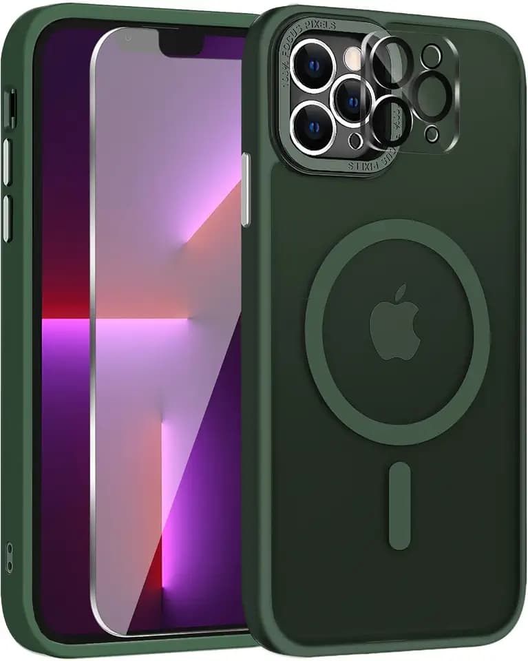 for iPhone 13 Pro Max Case, Magnetic iPhone 13 Pro Max Phone Case [Compatible with MagSafe] Translucent Matte Back Slim Shockproof Military-Grade Protection Anti-Fingerprint Cover, Dark Green