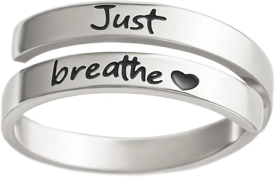 Just Breathe Ring for Women, Adjustable Heart Ring, Stainless Steel Spiral Wrap Healing Rings, Inspirational & Heart felt Gift