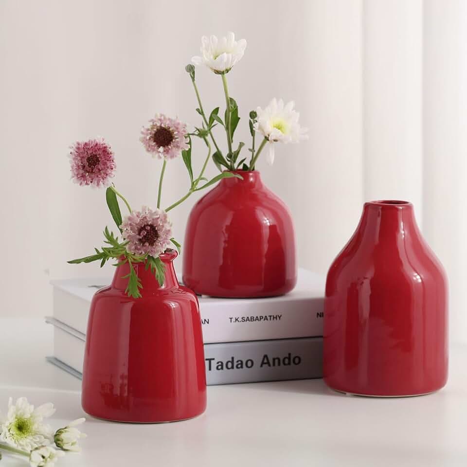 Kleine Vasen, Rot, 3er-Set, für Moderne Wohnkultur, Keramikvasen für Tafelaufsätze, Blumenvasen für Wohnzimmer, Hochzeit, Esstisch, Party, Rot