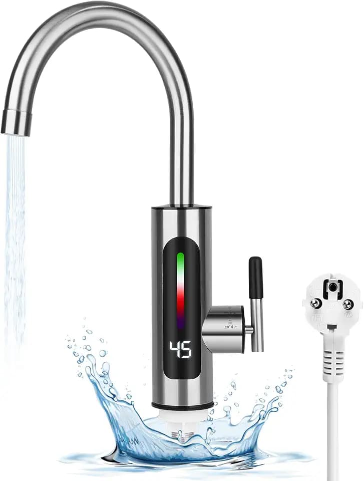 Elektrische Wasserhahn mit Durchlauferhitzer, 3000W Elektrischer Küche Wasserhahn aus Edelstahl, 360° Swivel Warmwasserboiler Wasserhahn, LED-Temperaturanzeige, Intelligenter Durchlauferhitzer