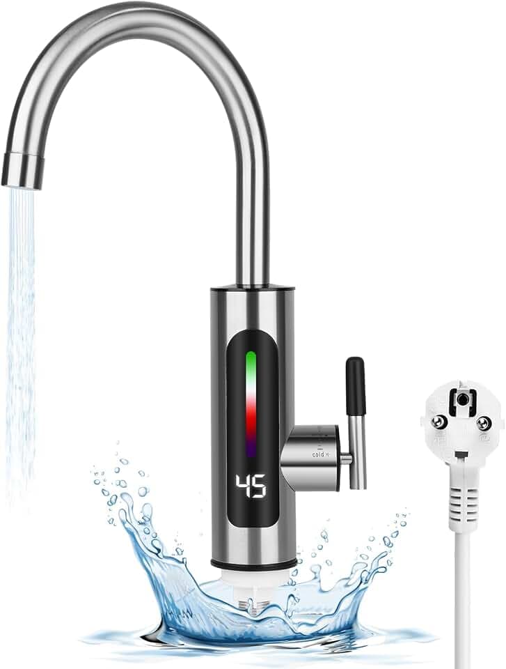 Elektrische Wasserhahn mit Durchlauferhitzer, 3000W Elektrischer küche Wasserhahn aus Edelstahl, 3s Schnelles Aufheizen, 360° Drehbarer LED Durchlauferhitzer Wasserhahn Für Bad und Küche