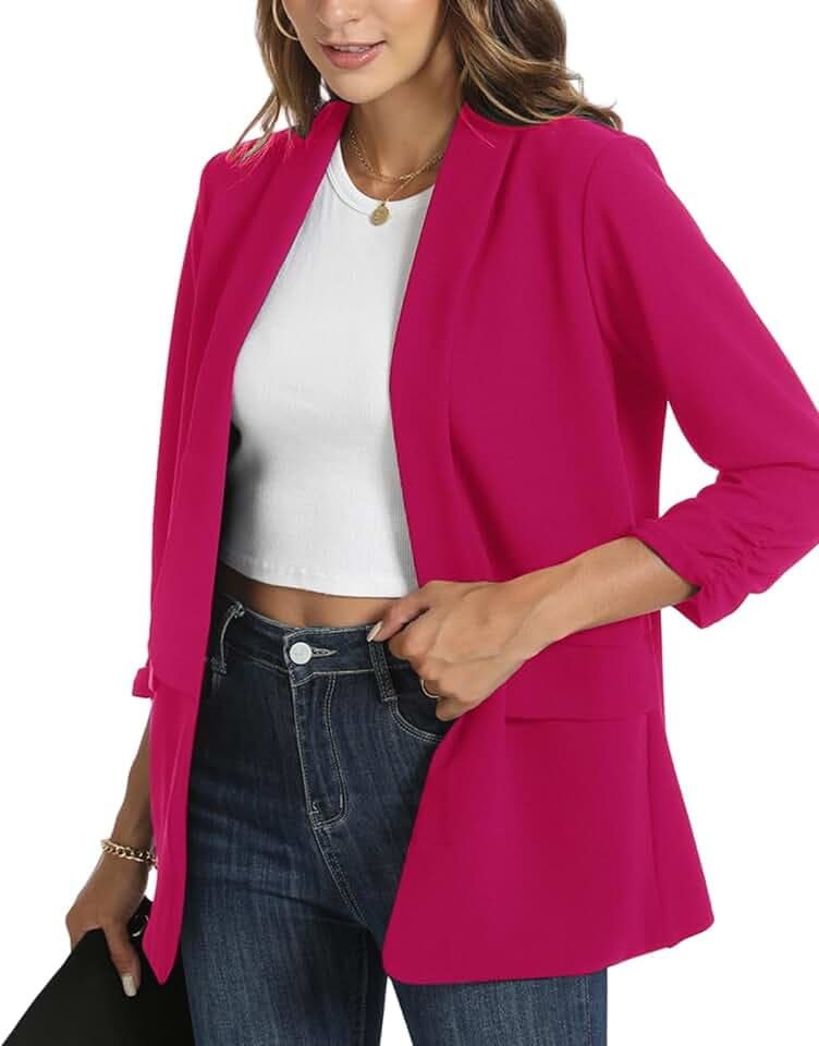 Damen-Blazer, leger, gerüscht, 3/4-Ärmel, offene Vorderseite, Business, Arbeit, Büro, Blazer mit Taschen