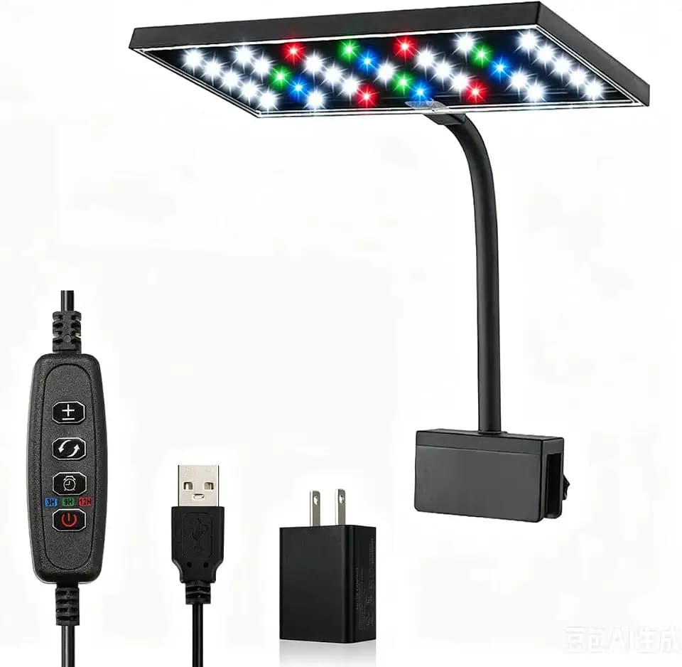 Carefree Fish Aquarium LED Light USB 5V1A RGBW 5730 Timmer 5~20Gal Fish Tank Clip Light 10 Brightness Levels 13W with USB Port (Include UL Certification Power Adapter)