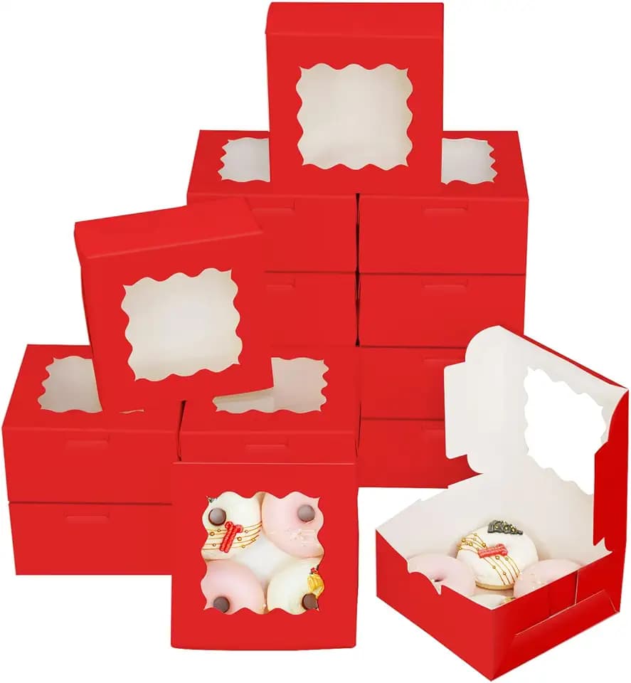 Bakepacker Red Cookie Boxes With Window 6x6x3 inches 60pcs