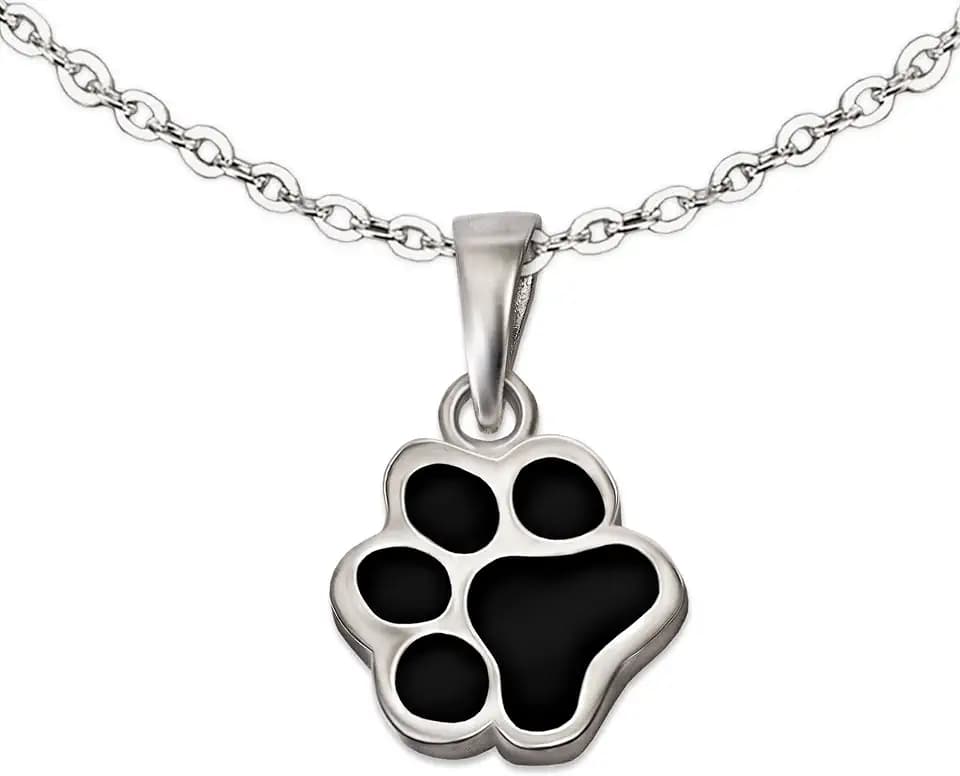 CLEVER SCHMUCK Hundpfote Kette Silber für Kinder 14 mm schwarz lackiert & Ankerkette 40 cm Silber 925 in Schmuckverpackung