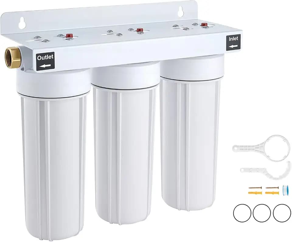 VEVOR RV Water Filter System, 5-Micron 3 Stage Premium RV Water Filtration System Replacement with Three Cartridges for RVs & Campers, Reduces Sediment, Chlorine, Certain Heavy Metals, Odors and More