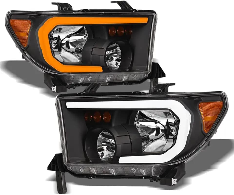 Alpha Owls Crystal Headlights with Switchback Sequntial LED Strip|Compatible With 2007-2013 Toyota Tundra / 2008-2017 Sequoia|8743775|Black Amber