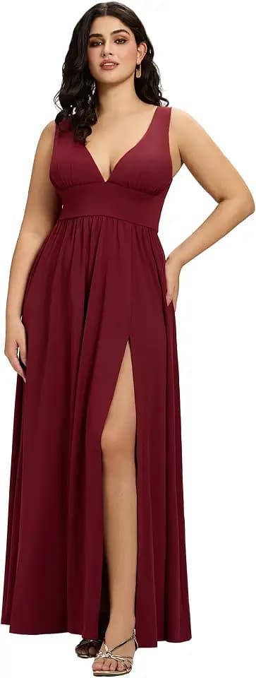 Ever-Pretty Women's Sexy Floor Length Bridesmaid Dresses Pleated A Line Plus Size Formal Wedding Guest Dress for Curvy Women