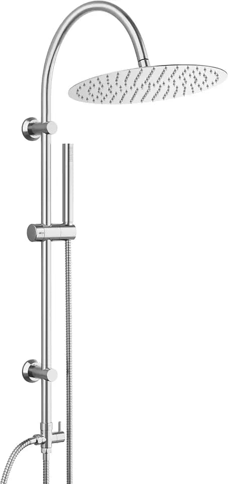 Görbach Regendusche Duschsystem ohne Armatur, Edelstahl Duschset mit Rund Kopfbrause XXL D30cm, Vintage U-förmige Duschstange Chrom