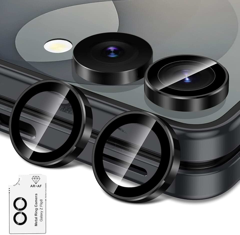 for Samsung Galaxy Z Flip 8 Camera Lens Protector, Individual Metal Ring Tempered Glass Lens Cover, [Strong Adsorption] Scratch Resistant Ultra-Thin HD Clear Lens Cover, 1 Set-Black Ring