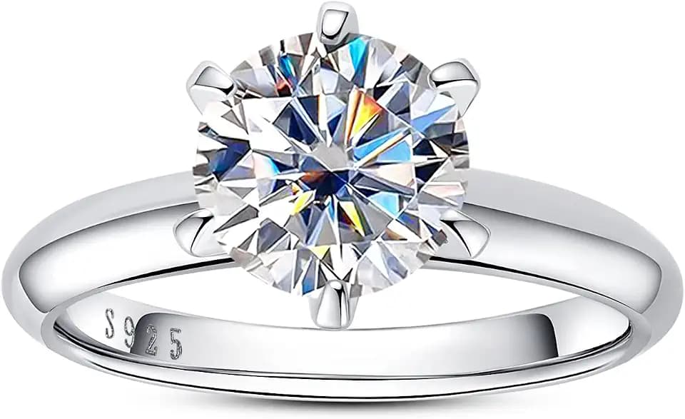 Moissanite Ring, 0.5/1/1.5/2/2.5/3CT Round Brilliant Cut Six Prong Solitaire Gold Plated 925 Sterling Silver Engagement Promise Wedding Rings for Women with Certificate