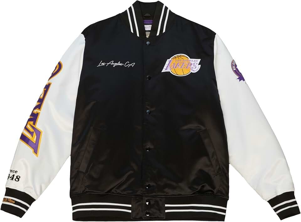 Mitchell & Ness NBA Team Origins Varsity Satin Jacket, farblich abgesetzte Ärmel, Druckknopf Verschluss, Herren, Frauen, Kinder, Unisex, Frühling, Sommer, Herbst, Winter