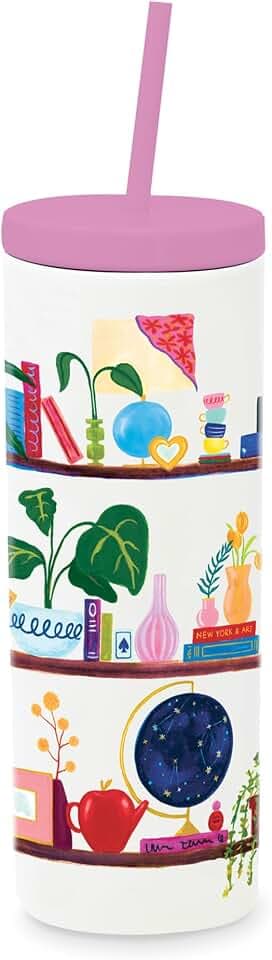 kate spade new york Insulated Tumbler with Reusable Straw, 20 Ounce Acrylic Travel Cup with Lid (Charmed Library)