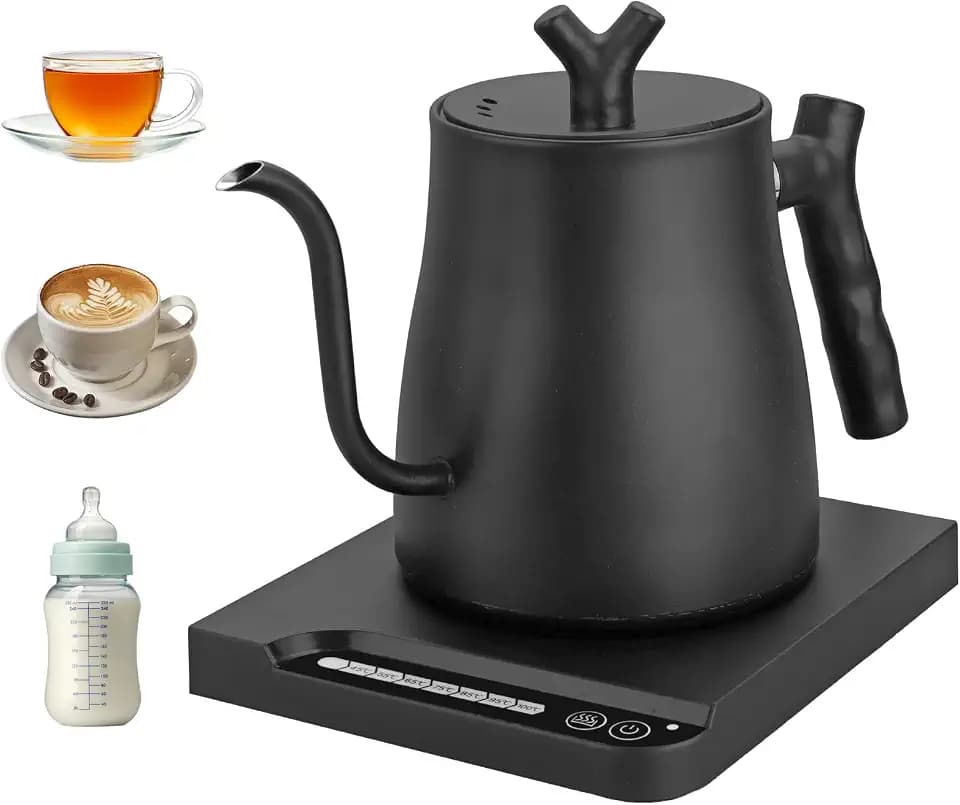 FUNYKICH Elektrischer Schwanenhals Wasserkocher, 1000W Edelstahl Kaffee & Teekocher mit Intelligentes Panel, 7 Segment Temperaturregelung, Schnellheizung, 1L Wasserkocher für Coffee Tea Brewing