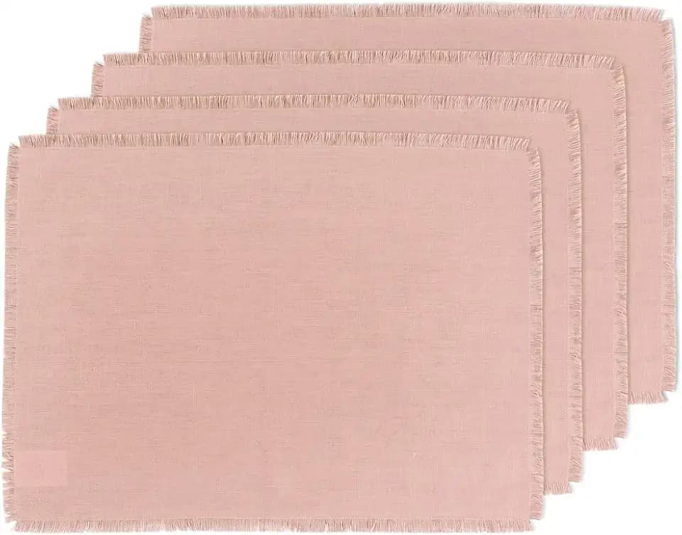 Solino Home 100% Pure Linen Placemats Pink, Fringe 14 x 19 in, Set of 4