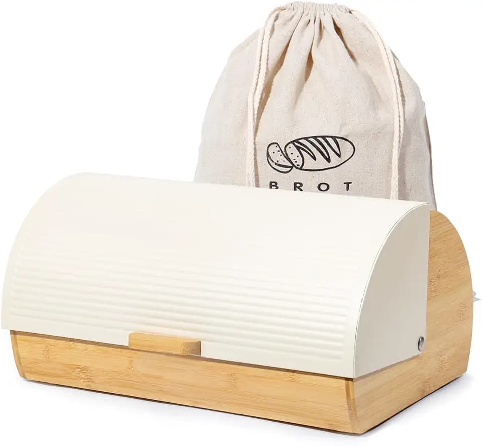 GREELUE Brotkasten Metall Holz, Brotbox Schwarz, Brot Aufbewahrungsbox groß, Brotkorb mit Deckel, Bread Box Küche, Brotbeutel (Beige-39cm)