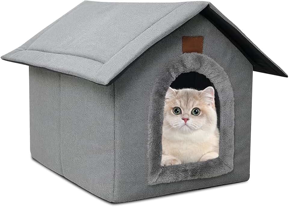 Mineup Katzenhaus Für Draußen Winterfest, 35x30x35cm Katzenhaus Outdoor, Wetterfester Katzenhöhle Haustierhaus mit Plüschkissen, Outdoor Hundehöhle, Faltbares Katzenhau für Streuner Haustiere