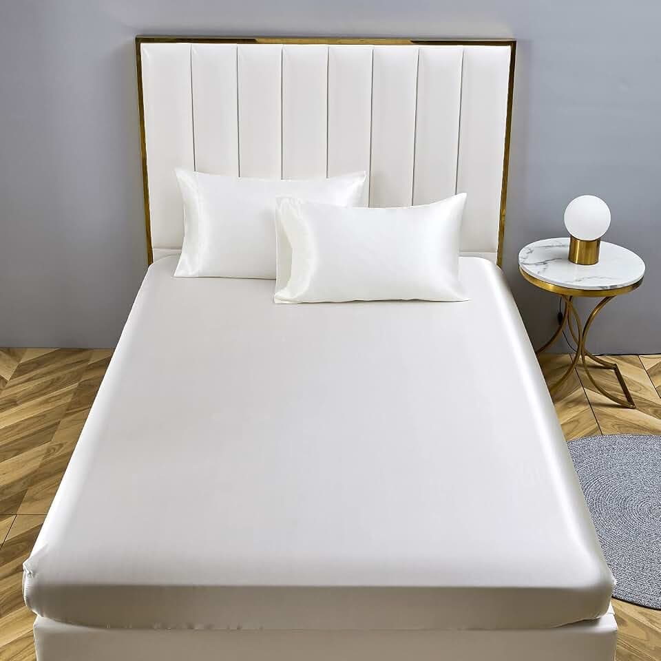 Boqingzhu Satin Spannbettlaken 140x200cm Weiß Uni Seide Spannbetttuch Microfaser Bettlaken für bis 30cm Matraze