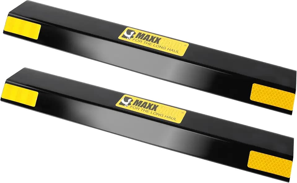MaxxHaul 51035 18 in. Heavy Duty Car Parking Stoppers 2 Pack Easy Install 18" x 1.25" x 3.5" for Garage and Outdoor Car SUV Truck Eco Friendly Material Reflective Strips