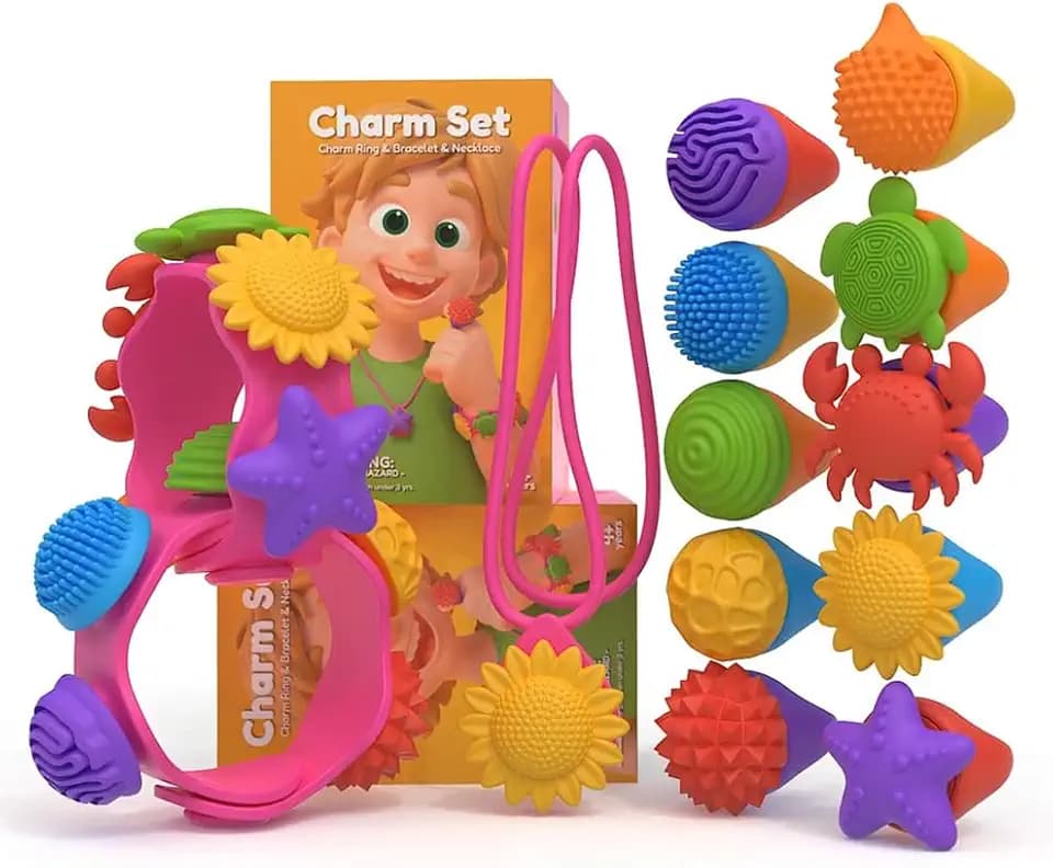 Fidget Toys Kids Sensory, Wearable Necklace, Bracelet & Fidget Spinner Ring with 15 Charms for Pain Stimming Relief Fidget Toys for Kids with Autism ADHD Stocking Stuffers for Girls Boys