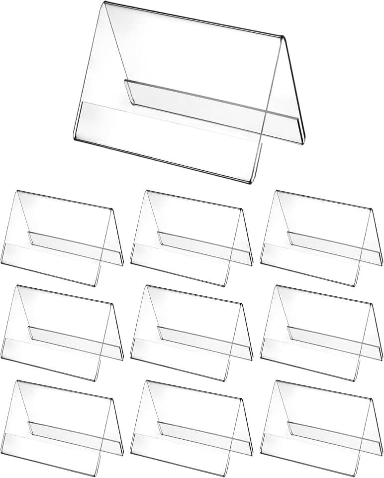QWORK® 10er Pack 10x6 cm Acryl Tischaufsteller Namensaufsteller Halter, 2mm Verdickt Dachform Doppelseitige Tischaufsteller für Namensschild und Preisschild