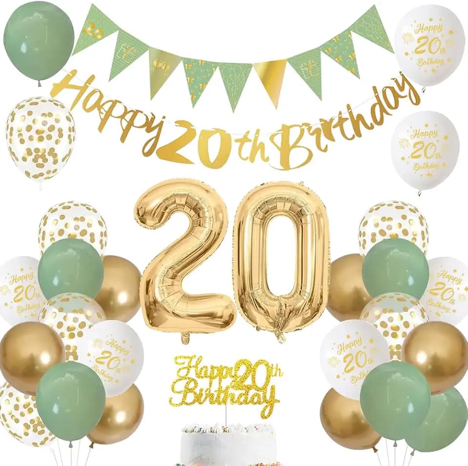 20 Jahre Geburtstag Dekoration für Männer und Frauen – Salbeigrün, Weiß und Gold Luftballons mit ‚Happy Birthday‘-Banner, Zahl 20 Ballon und Tortenaufleger für 20 Jahre Geburtstagsfeier-Deko (20)