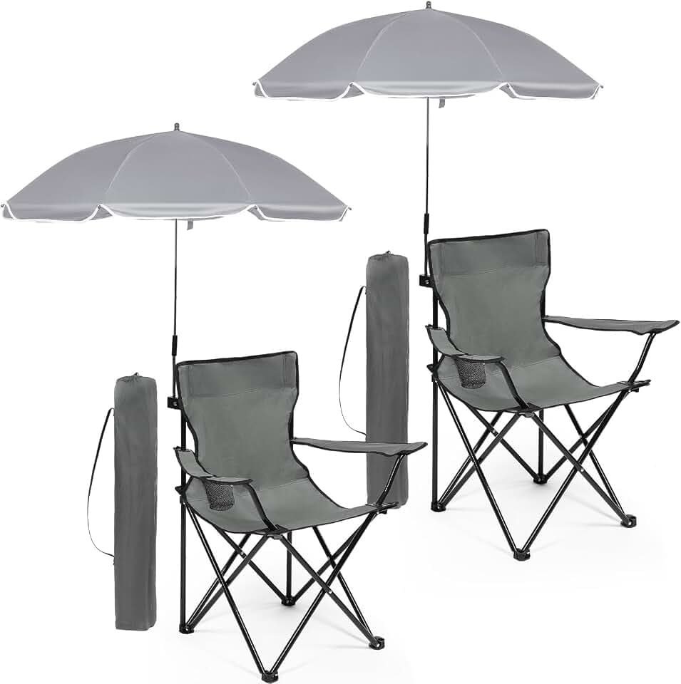 2 Pack Beach Umbrella Chairs with Cup Holder, Grey